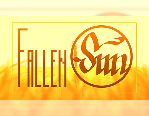 Title page for the visual novel Fallen Sun, featuring a the written title in front of a field with tall grass at golden hour and a young girl blurred out in the background
