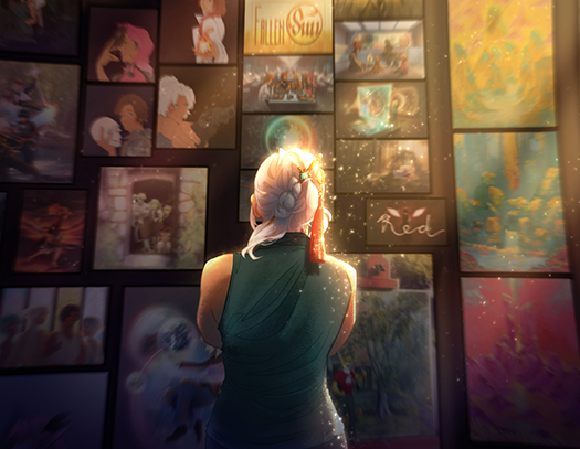 A picturesque illustration featuring a wall filled with paintings and a young woman with white hair observing the paintings, illuminated by moody sunset lighting through a window out of view