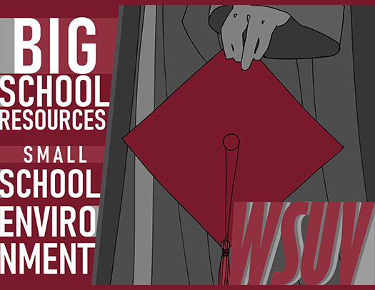Graphical poster concept featuring the slogan “Big school resources, small school environment” and a close up illustration of a student holding a red grad cap