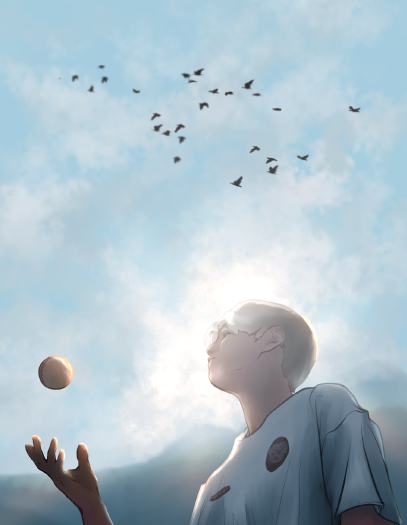 A cinematic illustration of a majestic young man silhouetted by the bright white sun and blue sky behind him as he tosses a battered baseball in the air, distant hills loom behind him and a flock of birds flies scattered through the wispy clouds above him