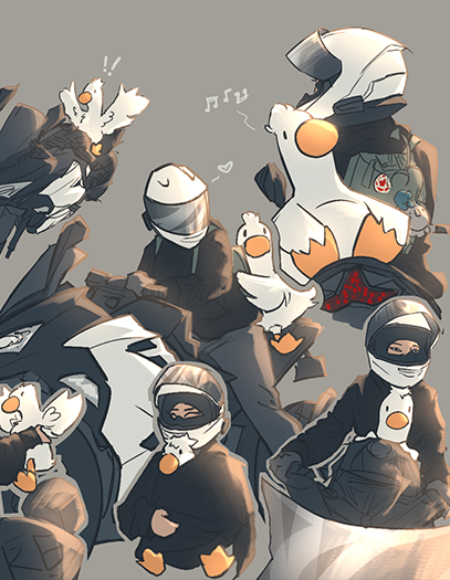 A scrapbook collage inspired digital painting of a biker girl (@hollowrides on Instagram) and her stuffed duck Spook riding her motorcycle together
