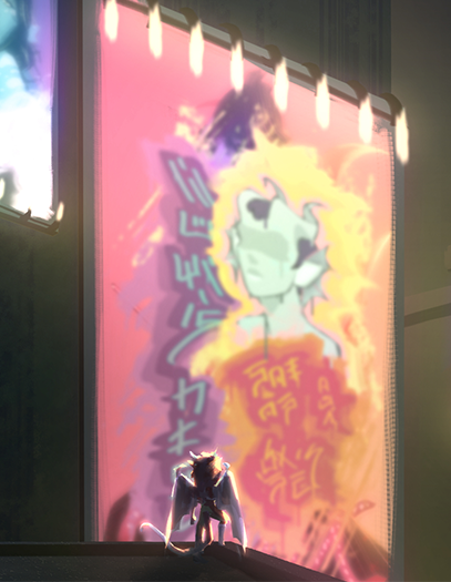 A smoggy city scene at night, with tall skyscrapers and massive billboards featuring imagery of kalith (dragon-people) idols and celebrities, the largest billboard in the centre is being graffitied over with a radical message in the dragon language while the silhouette of a young female kalith watches from a nearby rooftop in the foreground