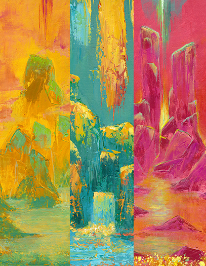 A grid collage of three paintings from Simone’s CMY series, each featuring a fantastical landscape painted primarily in cyan, magenta, and yellow