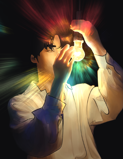 A cinematic illustration of a fair young man admiring a beaming lightbulb, delicately turning it over in his hands as it casts virbant auroras that pierce the tragic darkness around him