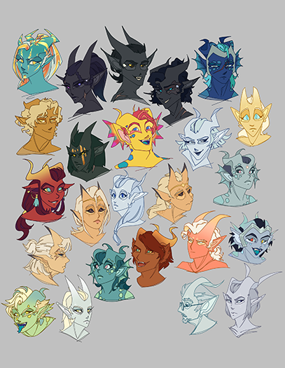 A scrapbook-style collage of drawn headshots of kalith (dragon-people) with varying designs, colour styles, and expressions