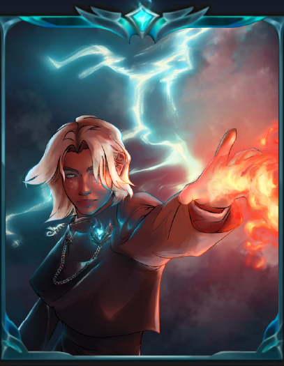 A cinematic illustration of a dashing young man, wielding a bright red flame as lighting illuminates the stormy clouds behind him