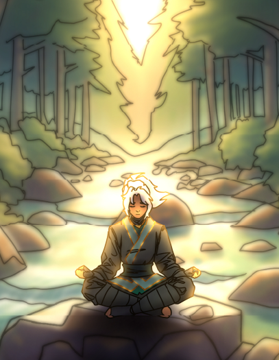 A serene illustration of a young woman with white hair sitting in a meditative pose on a rock in the middle of a river somewhere in a peaceful sunlit forest