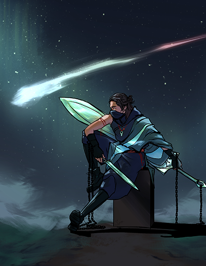 A stylized illustration of young man of korean/japanese heritage with caramel skin and medium-length dark brown hair wearing dark blue and green clothing with shiny jade green and dark red accents inspired by a mix of traditional asian clothing and a mask covering the lower half of his face, wielding a large jade claymore on a thick chain and a thin jade shortsword on a chain, leaning on a post in the middle of a foggy field at night with glittering stars and northern lights in the background