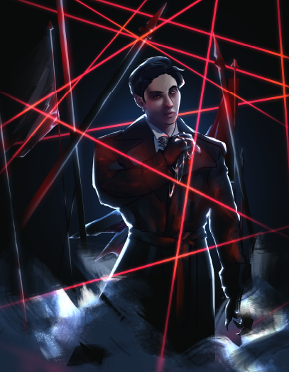 A cinematic illustration featuring a hauntingly charming young man with broad shoulders walking through rolling fog wearing a black leather trenchcoat, dodging glaring red lasers as he goes, soft moonlight illuminating jagged spears and flagpoles pointing thier broken tips to the sky behind him