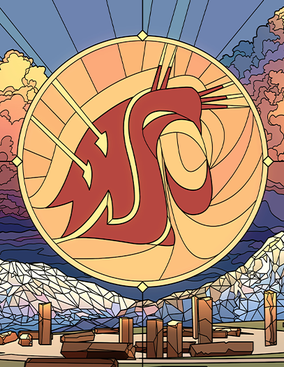 A vibrant digital painting reminiscent of a stained glass window, featuring the WSU cougar logo in the centre with a golden circle like the sun behind it, pink, purple, and blue clouds in the sky, white mountains in the distance, and the iconic fountain from the WSUV quad with an arrangement of stone pillars in the bottom center