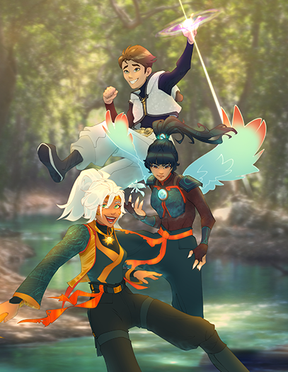 An exciting digital painting of three characters (Pandacat, Opal Phoenix, and Eclypse_SiTH) dynamically posed as fantasy superheroes, sporting their respective combat prowess
