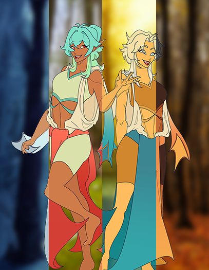 A grid collage featuring four illustrations of two elven/fairy inspired characters, each one with a unique colour theme representing one of the four seasons