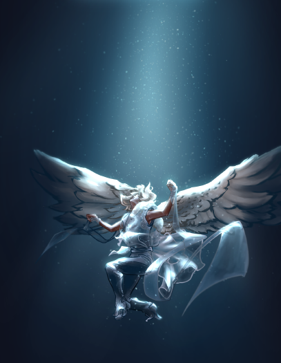 A cinematic illustration of a breathtakingly angelic young man with feathery wings sprouding from his back suspended in seemingly endless water, a beam of light from somewhere far above him illuminates thousands of glittering bubbles rising around him and the glassy silk wrapped around his form as he sinks deeper