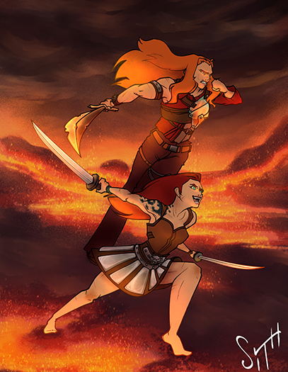 An exciting illustration of two fierce, muscular warrior women with red hair in red and born outfits fitted with steel and copper armor, wielding jagged swords as they leap into battle amongst fiery lava lands terrain with smog in the sky and rivers of lava around their feet