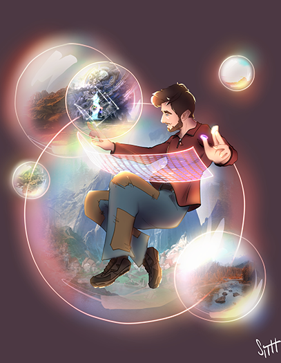 An imaginative digital illustration featuring a handsome young man with brown hair and a short beard, wearing a red shirt and patchy jeans, a virtual control board made of light in front of him, suspended in space with bubbles filled with miniature worlds around him as he adds to and edits them