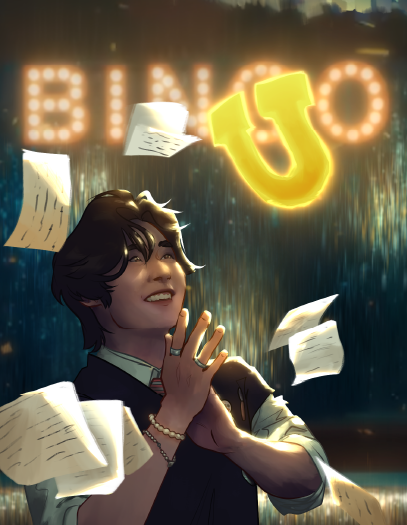 A cinematic illustration of a simling  young man laughing joyfully and applauding as a golden letter U throws Bingo cards and confetti into the air with glee, a flashing bingo sign can be seen behind the pair as a bright contrast against the blue tinsel stage backdrop