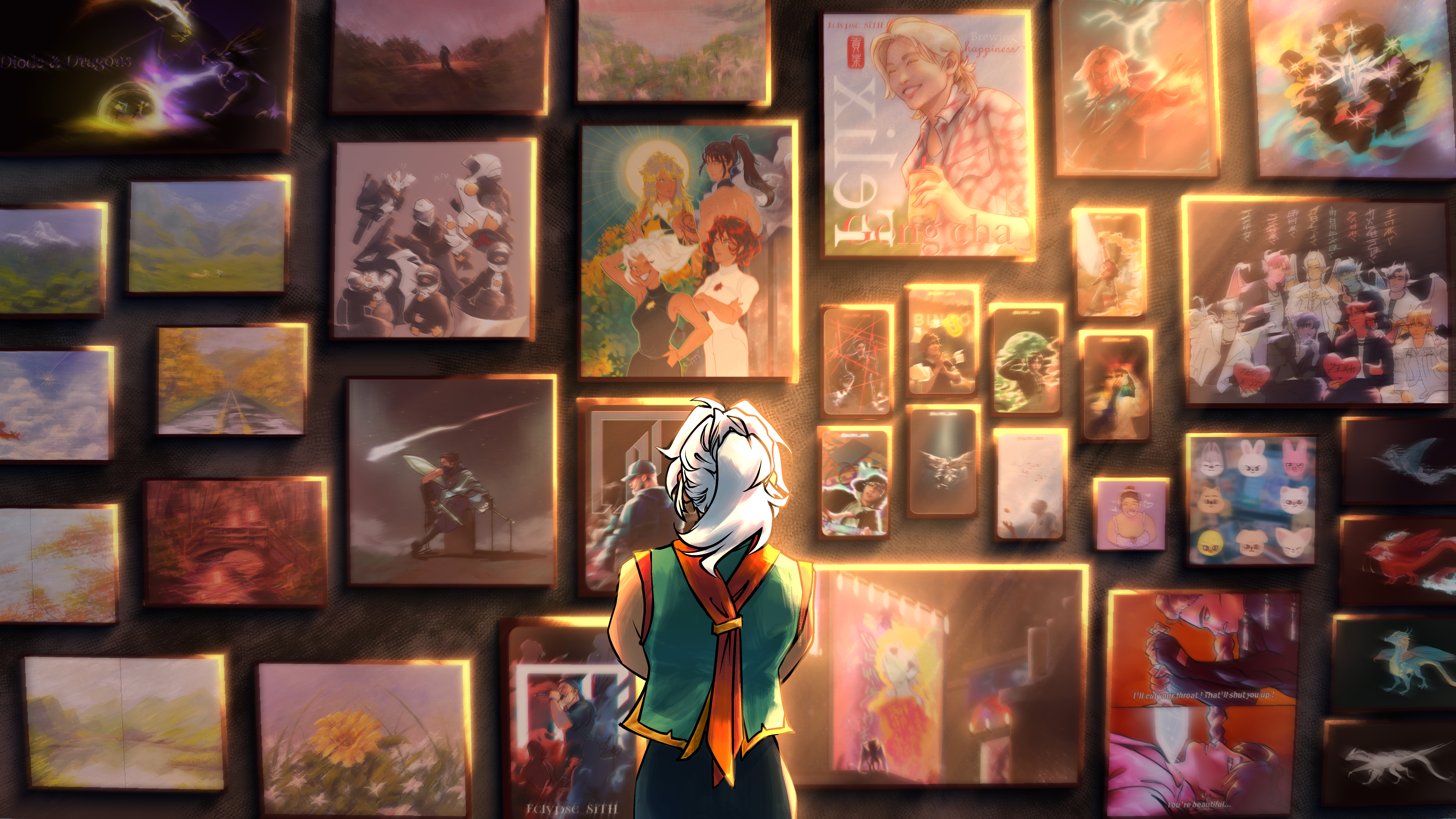 A picturesque illustration featuring a wall filled with paintings and a young woman with white hair observing the paintings, illuminated by a beam of warm golden sunlight
